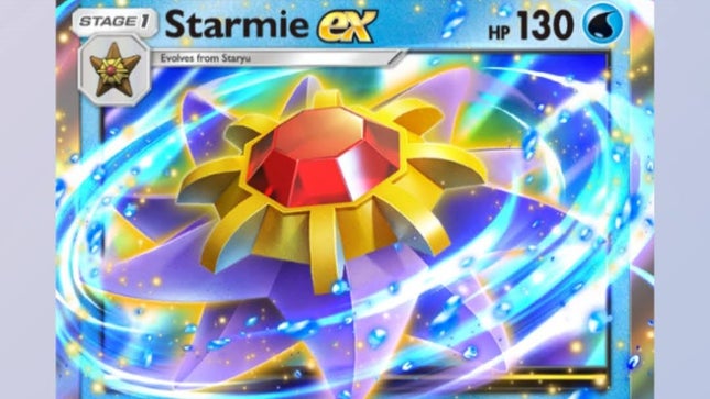 A giant ten-pointed star-shaped Pokémon spins in the starfish front card.